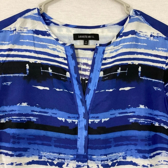 Lafayette 148 New York Blue Black Striped Y Neck 100% Silk Popover Top size 6 - Picture 3 of 10